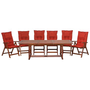 Set da pranzo da giardino Tavolo allungabile in legno acacia chiaro 6 sedie cuscini rossi Schienale regolabile pieghevole in stile rustico