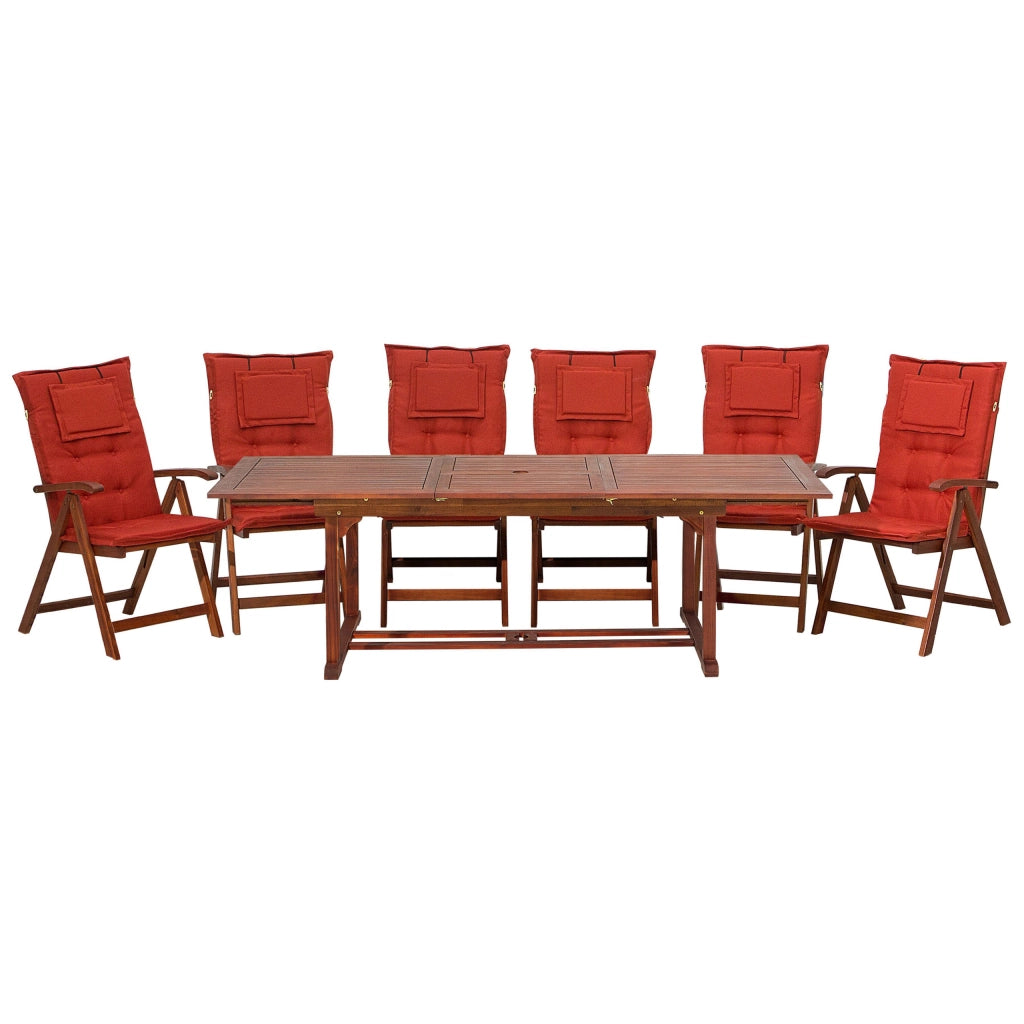 Set da pranzo da giardino Tavolo allungabile in legno acacia chiaro 6 sedie cuscini rossi Schienale regolabile pieghevole in stile rustico