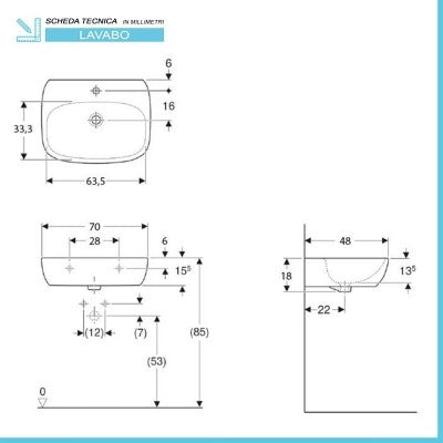 Lavabo sospeso 70 cm Geberit bianco lucido monoforo  Fantasia