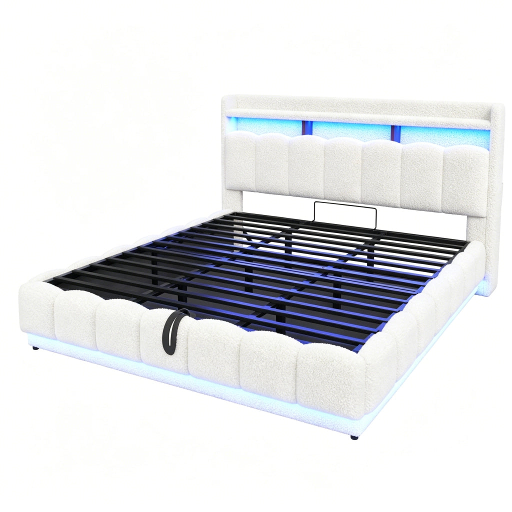 LETTO Contenitore 180x200 cm Bianco in tessuto boucl¨¦ con LED e USB