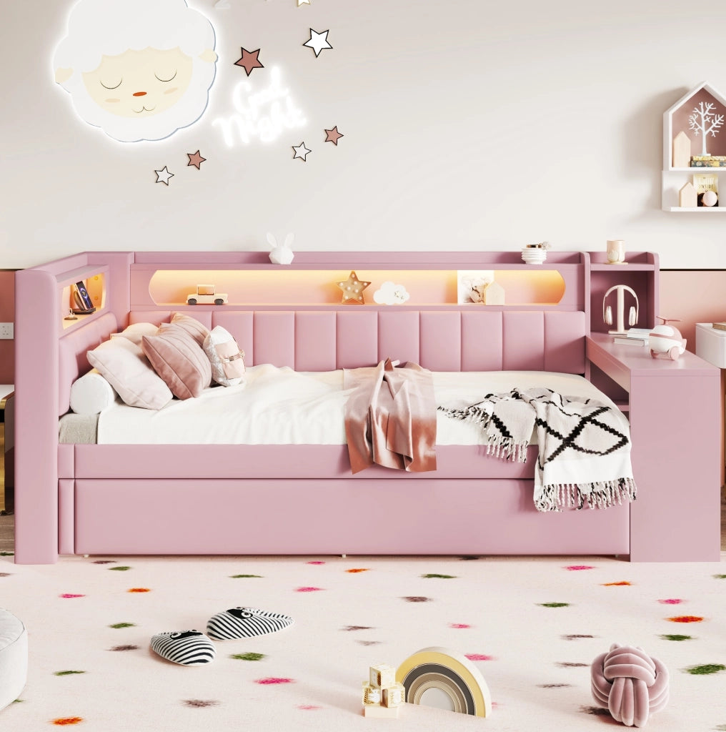 Letto a giorno 90x200 cm con letto estraibile; scrivania e LED in MDF; compensato; imbottito rosa