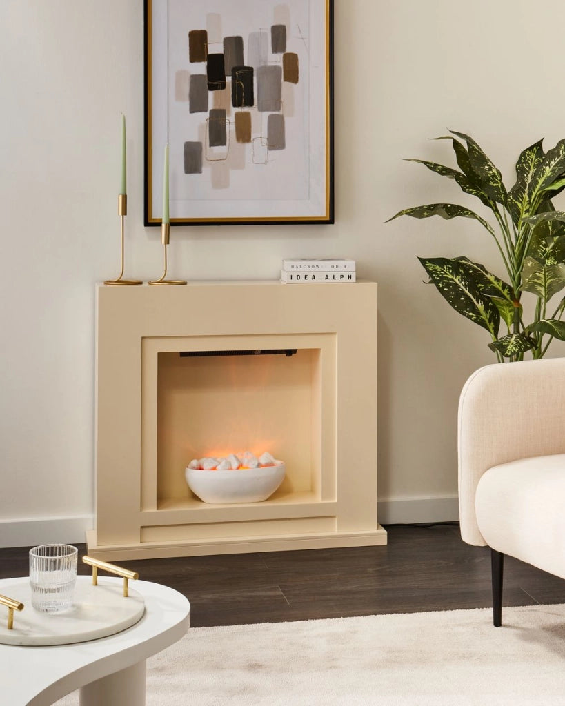 Camino elettrico Riscaldatore Beige MDF Mantello LED Carboni Ciottoli Fuoco Fiamme con Termostato
