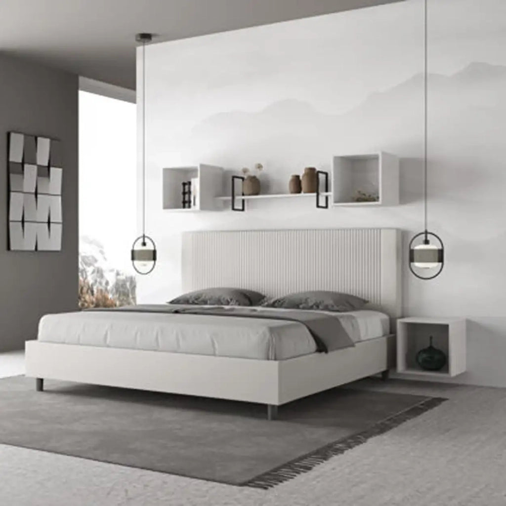 Letto matrimoniale king size con rete imbottito 180x190 similpelle bianco Goya