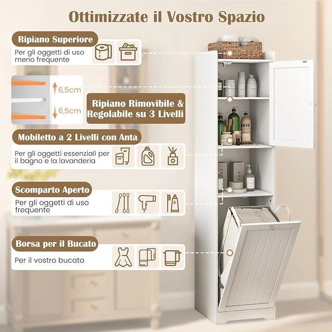 Mobile da Bagno, Armadietto Alto in Legno con Ripiano Regolabile, Cestino per Portabiancheria con Maniglie e Mensola Aperta, 40 × 40 × 170 cm, per Bagno e Cucina (Bianco)