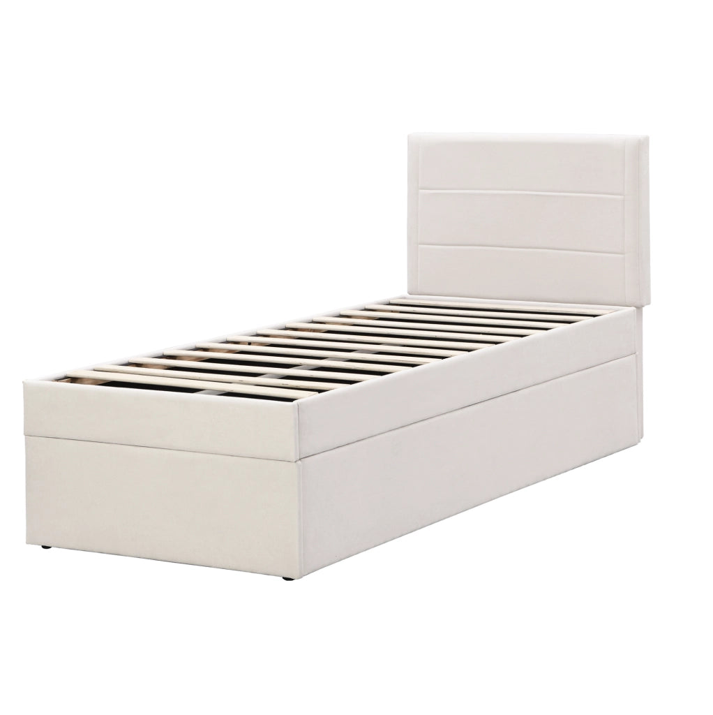 Letto singolo imbottito 90x200 cm con vano contenitore e rete a doghe; lino beige
