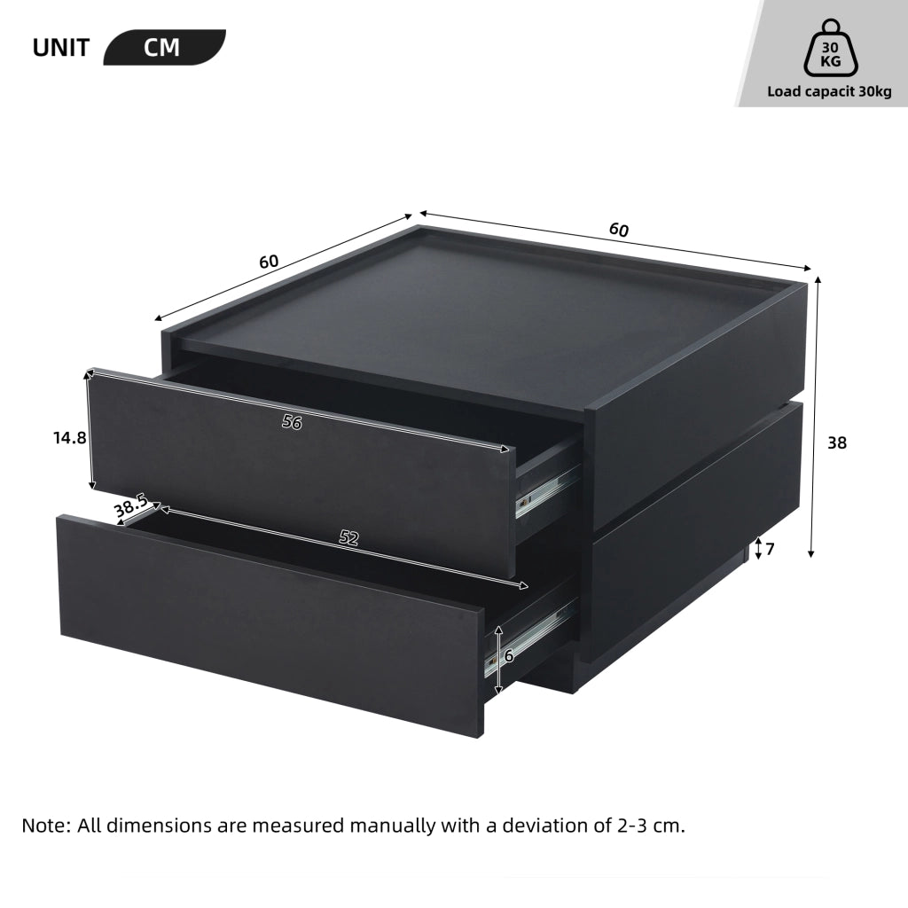 Tavolino basso girevole a 360° con 2 cassetti e bordo rialzato per soggiorno in truciolare nero 60 × 60 × 38 cm
