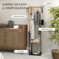 Appendiabiti da Terra Autoportante con Barra Centrale, 4 Barre Laterali, 2 Ganci e 2 Ripiani, Legno e Nero