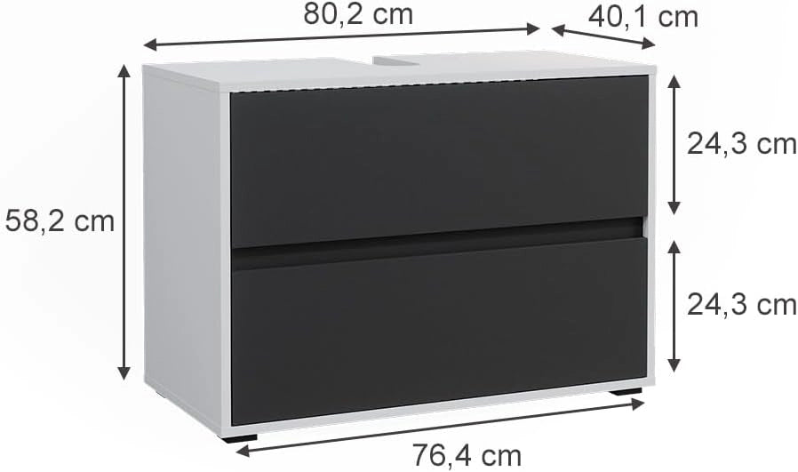 Mobile sottolavabo per bagno Maltin, Bianco/antracite, 80.2 x 58.2 cm con due ampi cassetti, con ritaglio per sifone e soluzione salvaspazio per il bagno