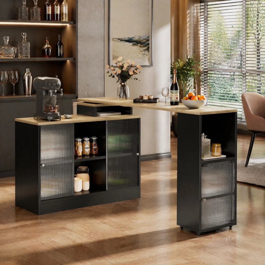Tavolo bar allungabile nero con contenitore, mobile a 360° in MDF e vetro, salvaspazio