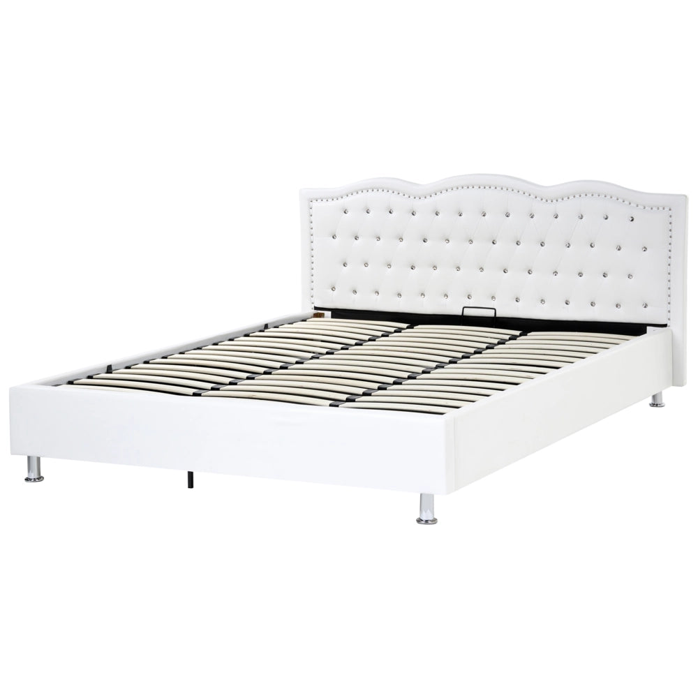 Letto 180 x 200 cm Struttura imbottita in ecopelle bianca con testiera con Bottoni in cristallo Poggiatesta