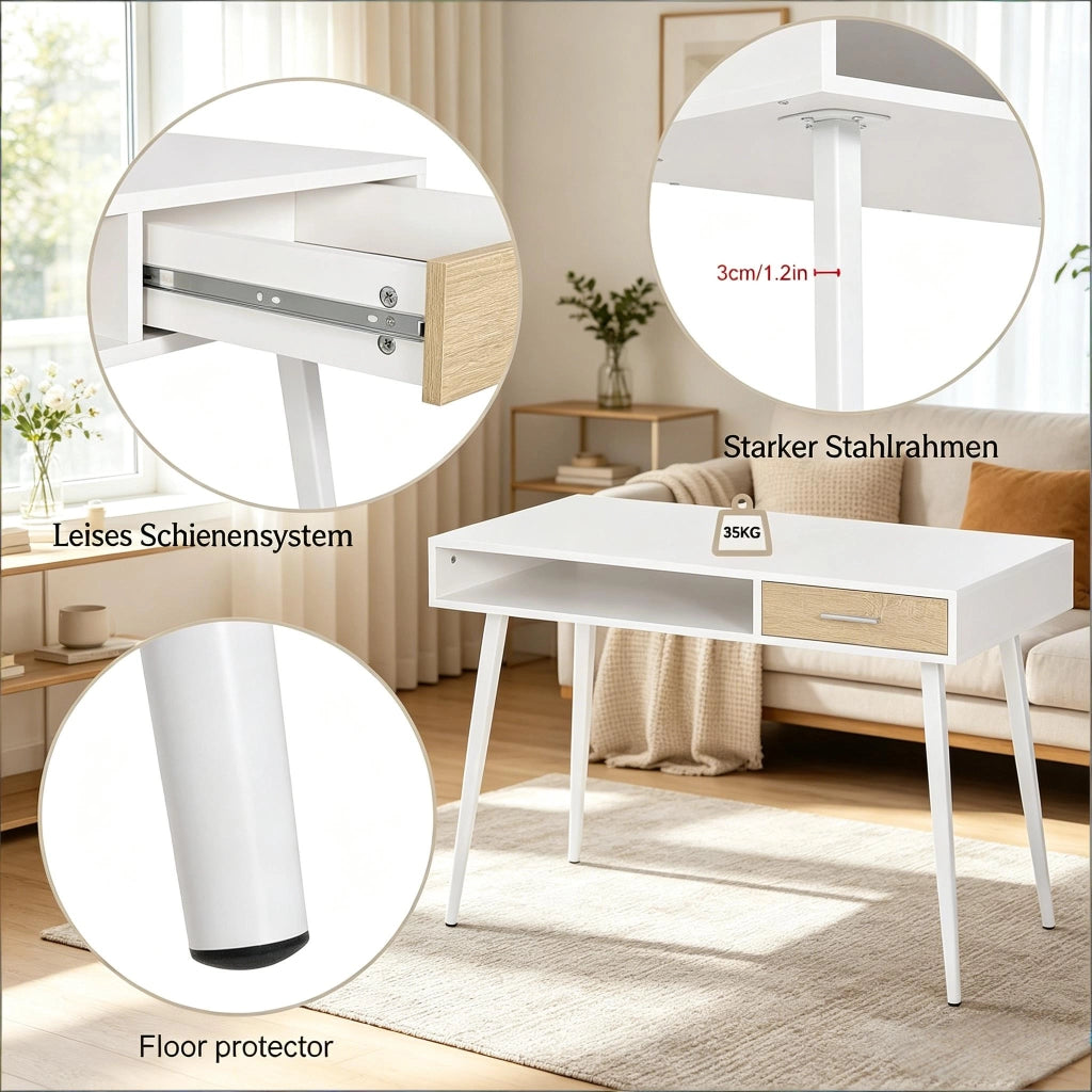 Scrivania lineare con 1 cassetto e vano aperto per ufficio e casa moderna in MDF e metallo bianco 110 × 50 × 75 cm