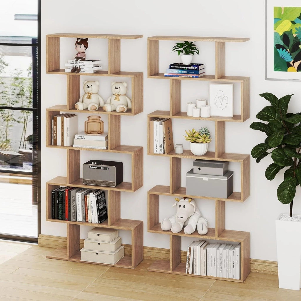Libreria Scaffale a 6 Ripaini, a Forma di S, Portata di 120 kg, Scaffale Portaoggetti con 6 Cubi, Moderna e Salvaspazio, Arredo per Ufficio, Soggiorno, Biblioteca, 80x23x191 cm (Naturale)