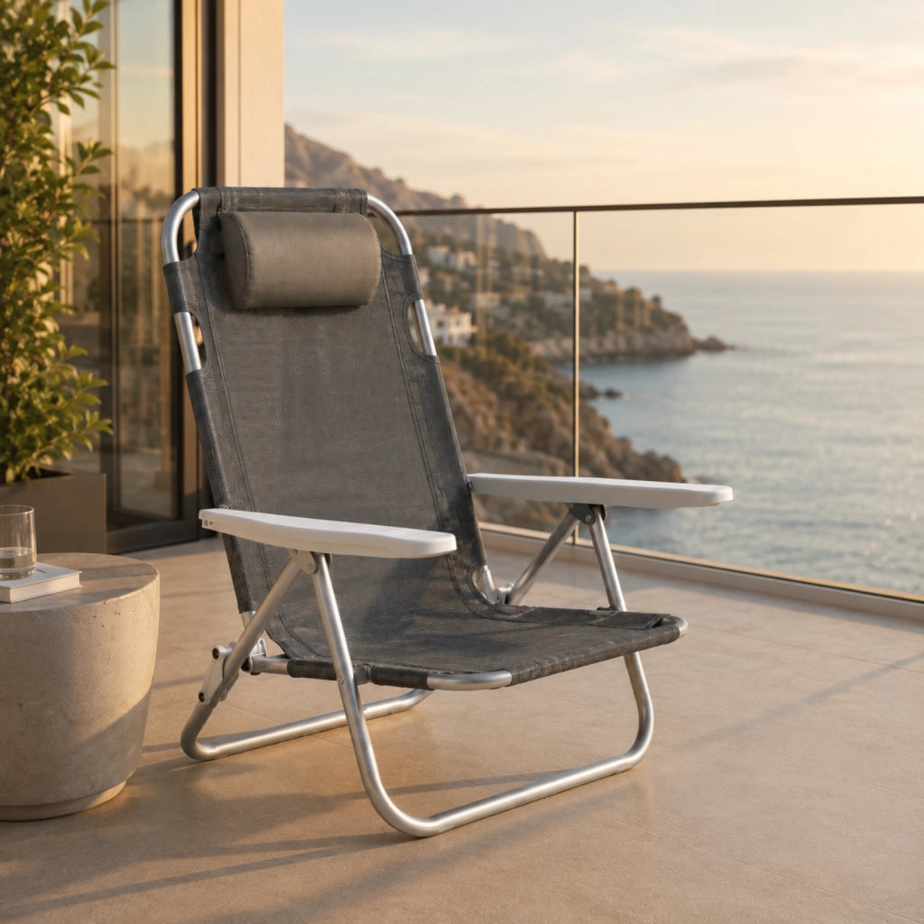 Spiaggina Reclinabile Da Mare E Campeggio Con Poggiatesta Imbottito Sedia Pieghevole In Alluminio E Textilene Traspirante Trasformabile In Lettino 48.5 x 60 x 80 Cm Grigio