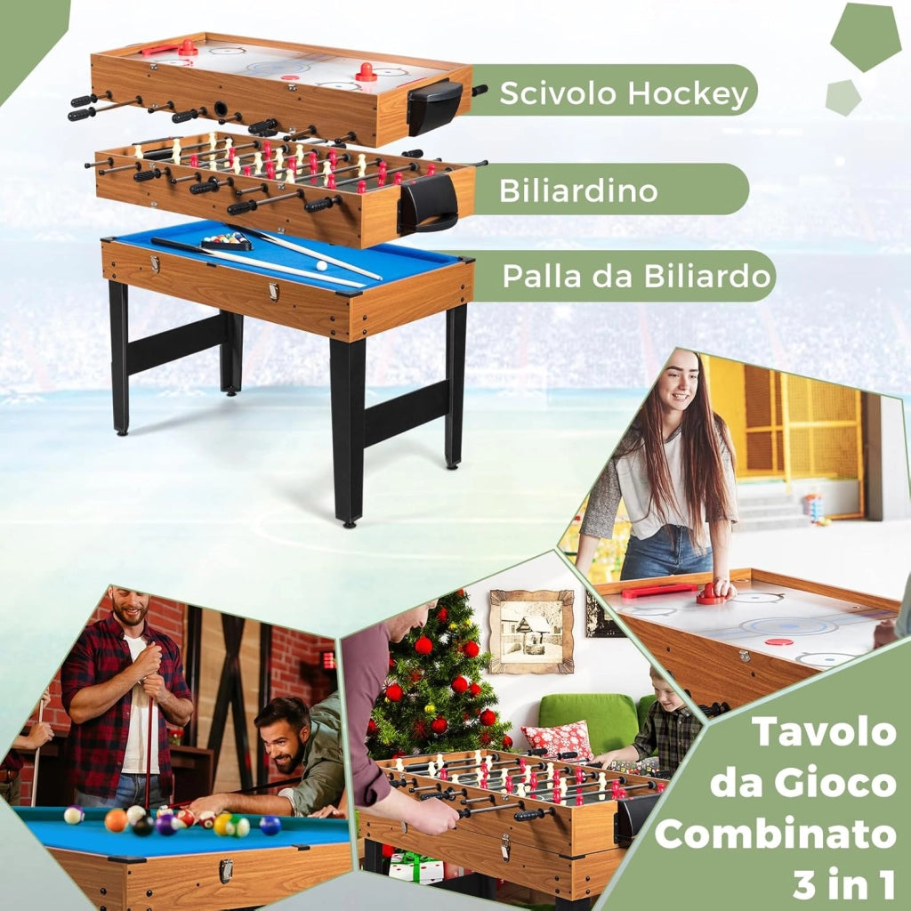 3 in 1 Tavolo da Gioco Multifunzionale, Tavolo da Biliardino con Calcetto Biliardo Hockey Scorrevole, Maniglia in Gomma, Struttura Stabile, per Casa Sala Giochi, 122x58x83 cm