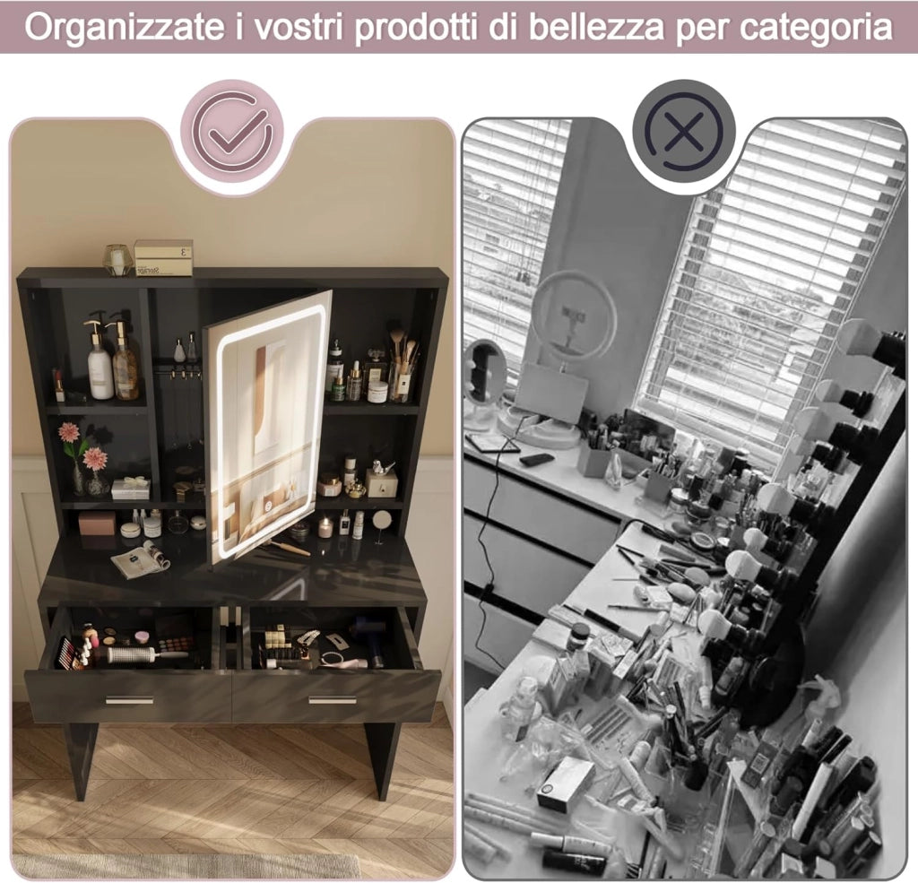 Toeletta Trucco con Luci Led a 3 Colori con Luminosità Regolabile,Tavolo da Trucco con Spazio per Gioielli, 4 Ripiani Regolabili, 2 Cassetti, Stile Moderno, Nero