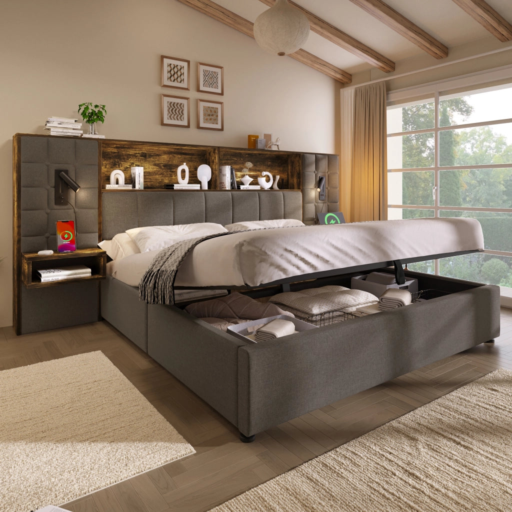 Letto contenitore 180 × 200 cm con LED, 2 lampade da lettura, USB Type-C, 2 comodini, senza materasso