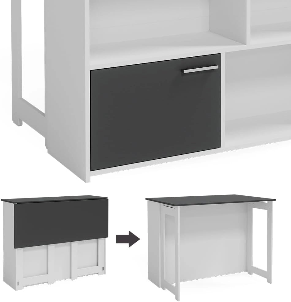 Tavolo bar alto Dominic, Antracite/bianco, 116 x 37 cm 4x scomparti aperti e 1x porta, piano del tavolo pieghevole per un utilizzo flessibile in spazi ridotti