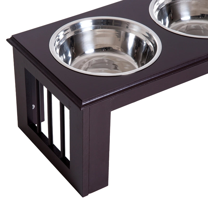Stazione di alimentazione per cani rialzata con 2 ciotole in acciaio inox, MDF, colore Espresso, 58,4 x 30,5 x 25,4 cm