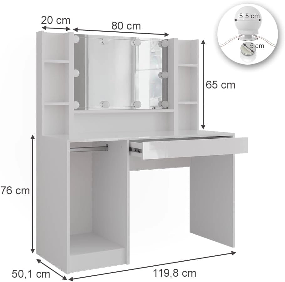 Tavolo da toeletta Sherry, Bianco/bianco lucido, 119.8 cm 4 parti, con illuminazione LED e grande specchio integrato