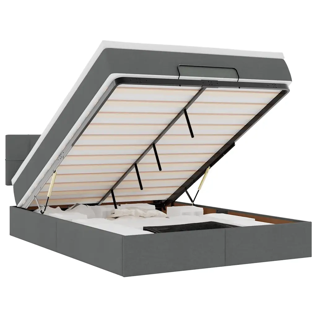 Pouf Letto con Materasso e LED Nero 140x200 cm in Tessuto