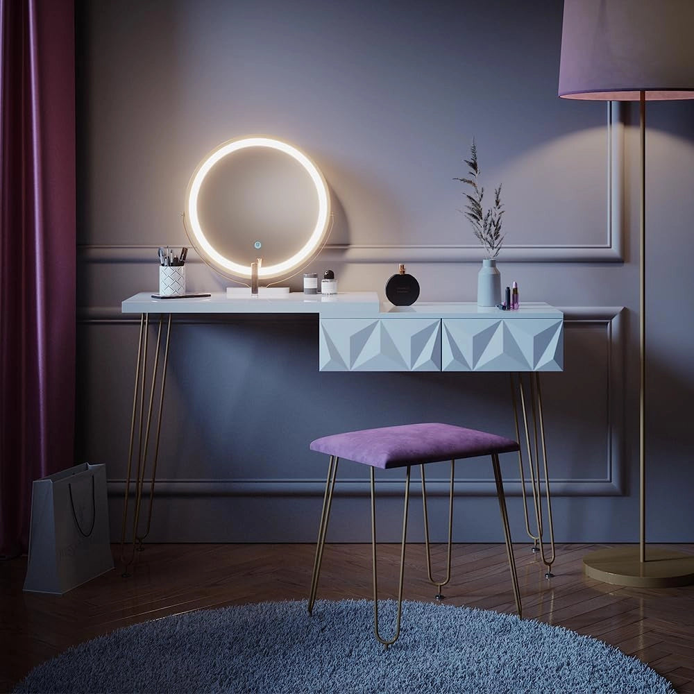 Vicco Tavolo da toeletta Bella, Bianco, 120 cm con illuminazione LED e sgabello, con illuminazione LED e sgabello imbottito