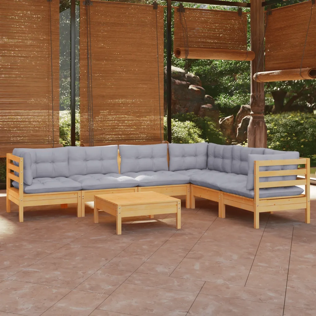 Set Divani da Giardino 7 pz con Cuscini Grigi Massello di Pino cod mxl 42483