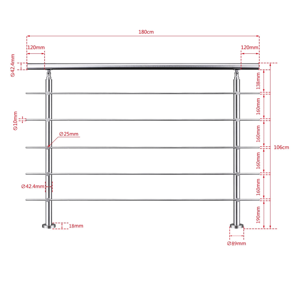 Balaustra Corrimano Ringhiera in acciaio inox spazzolato 180x106cm per interni ed esterni 5 barre trasversali