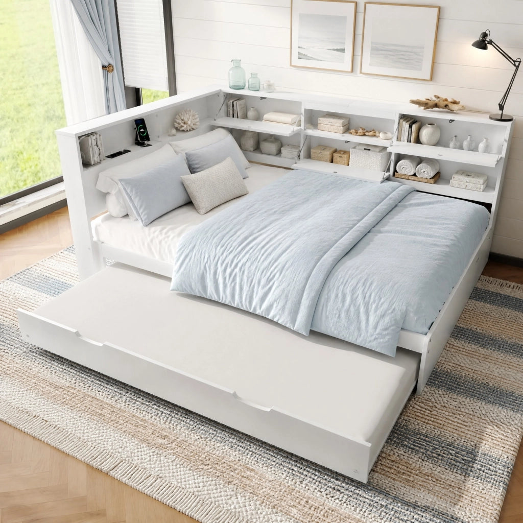 Daybed con letto estraibile 140x200 cm; testiera con vano contenitore e USB/Type-C; bianco