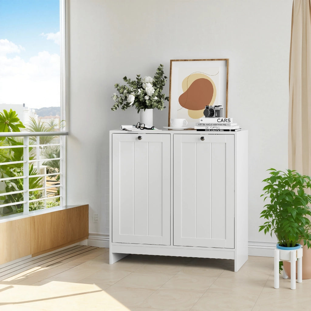 Mobile contenitore con cesti estraibili e fissaggio a parete per lavanderia e bagno; MDF e pannelli truciolari; bianco