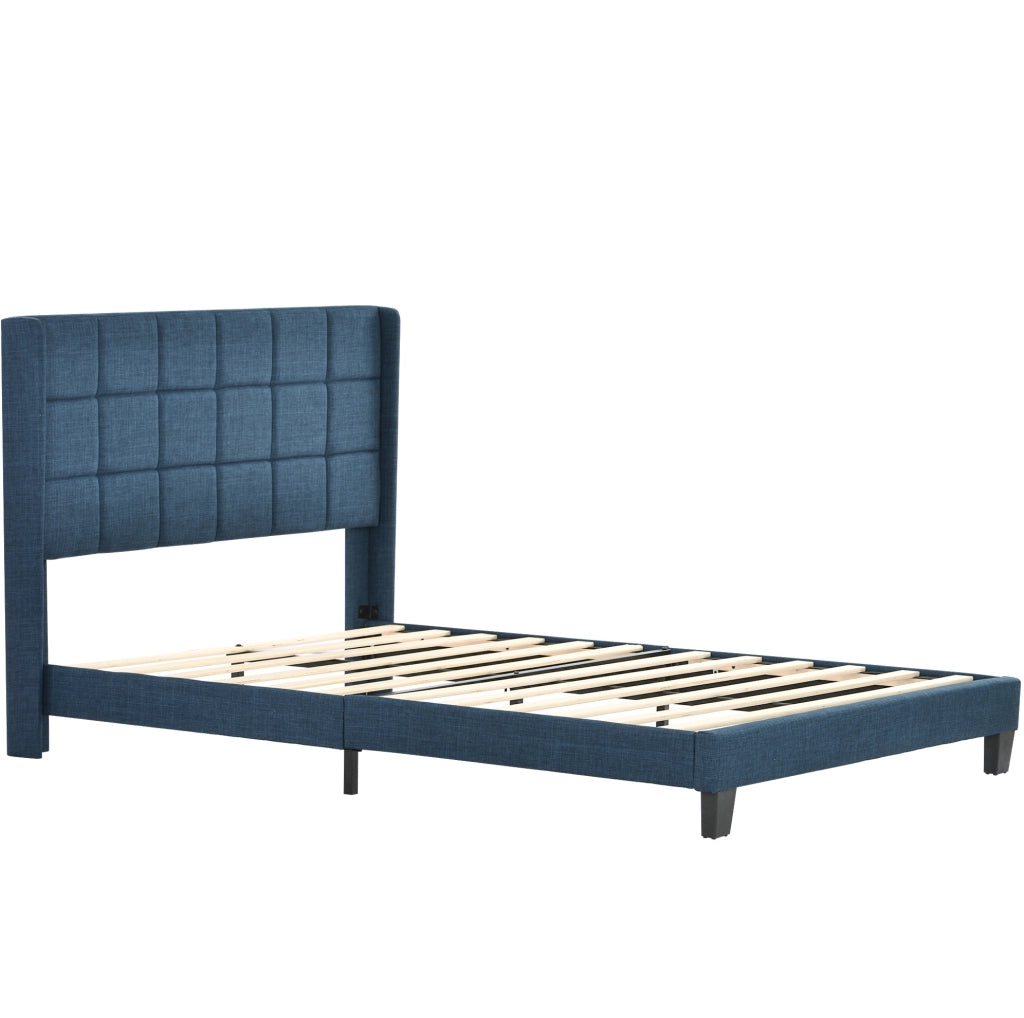 Letto matrimoniale imbottito con rete e materasso 140x200 cm; blu in lino; testiera alta