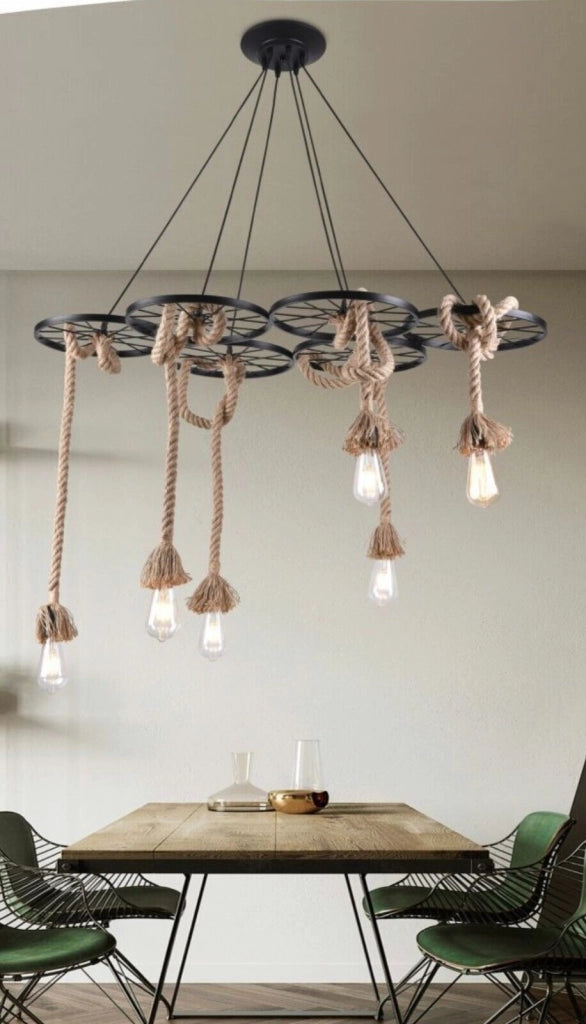 Lampadario a sospensione soffitto stile rustico country 6 corde canapa e Ferro