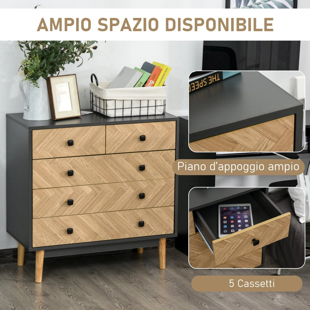 EasyComfort Cassettiera per Camera da Letto in Legno con 5 Cassetti, Stile Vintage Industriale, Grigio Scuro, 80x40x80cm