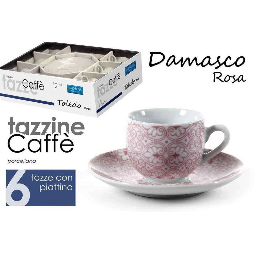 Trade Shop - Set 6 Pz Tazzine Caffè + 6 Piattini Tazzina Classico Moderno Damasco Rosa 720390 -