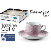Trade Shop - Set 6 Pz Tazzine Caffè + 6 Piattini Tazzina Classico Moderno Damasco Rosa 720390 -