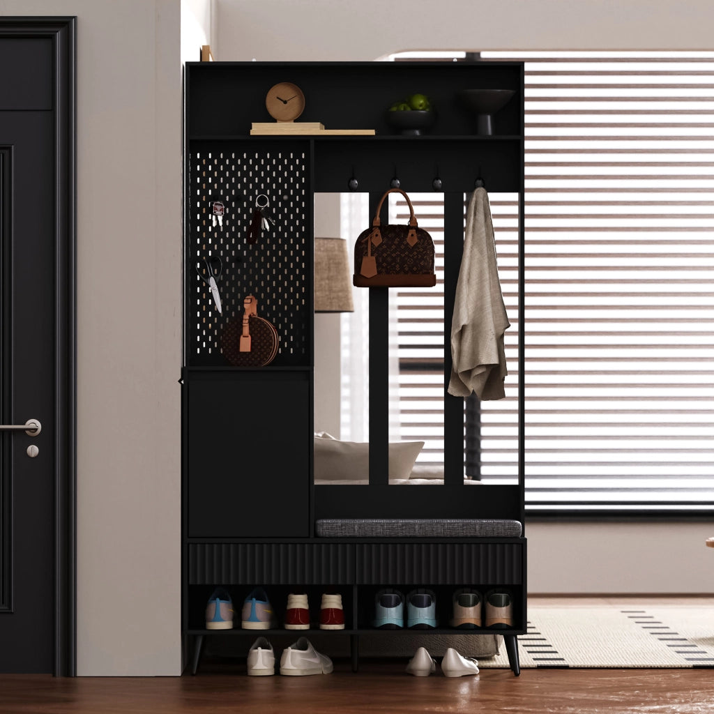 Mobile da Ingresso con 1 Anta; 2 Cassetti; Ripiani Aperti e 4 Ganci; con Panca; per Ingresso; in MDF; 100 × 35 × 180 cm; Nero