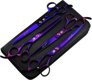 Kit di taglio per animali domestici professionale a 4 pezzi con lama in acciaio giapponese premium, retta e curva, sottile, con set di taglio per cani con scatola in pelle.