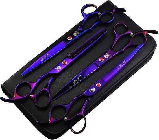 Kit di taglio per animali domestici professionale a 4 pezzi con lama in acciaio giapponese premium, retta e curva, sottile, con set di taglio per cani con scatola in pelle.