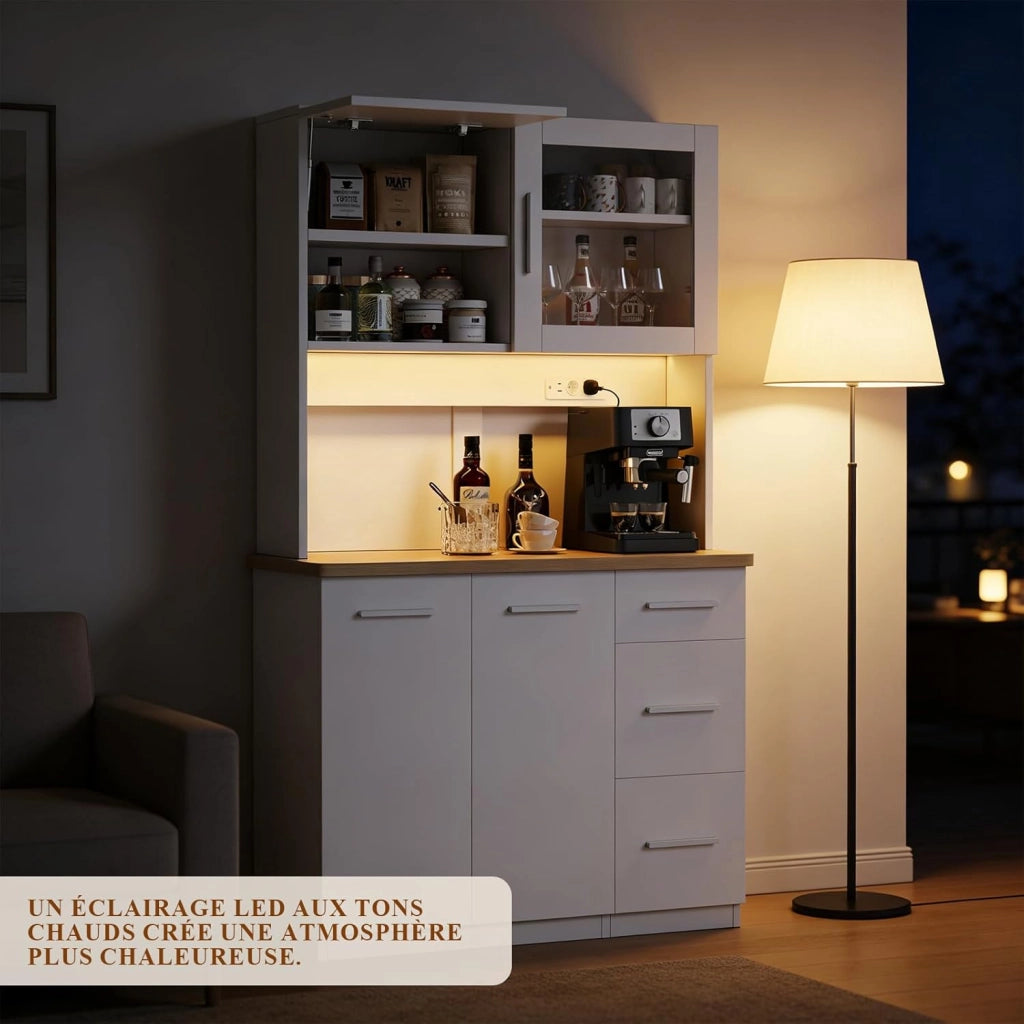 Mobile da cucina, credenza, armadio alto con prese di corrente e strisce LED 3000 K, con piano di lavoro da 24 mm, ripiani regolabili, 3 cassetti, 100 x 40 x 182 cm (Bianco)