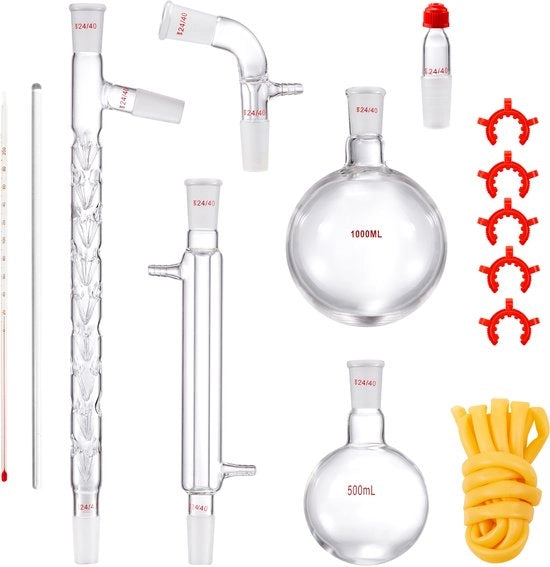 Destillatioset per laboratorio, 1000 ml, apparato per oli essenziali, set di vetreria a 14 pezzi con connessione 24/40