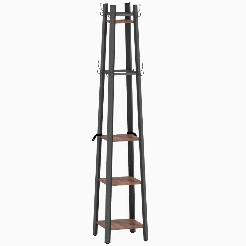 Appendiabiti da terra 2-in-1 con 8 ganci e 4 ripiani, stile industriale, 34,8 x 34,8 x 179 cm, marrone