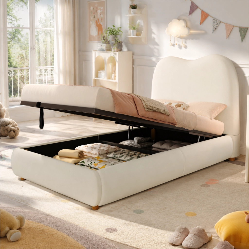 Letto per bambini 90 × 200 cm con contenitore idraulico, testiera imbottita, senza materasso, in velluto beige