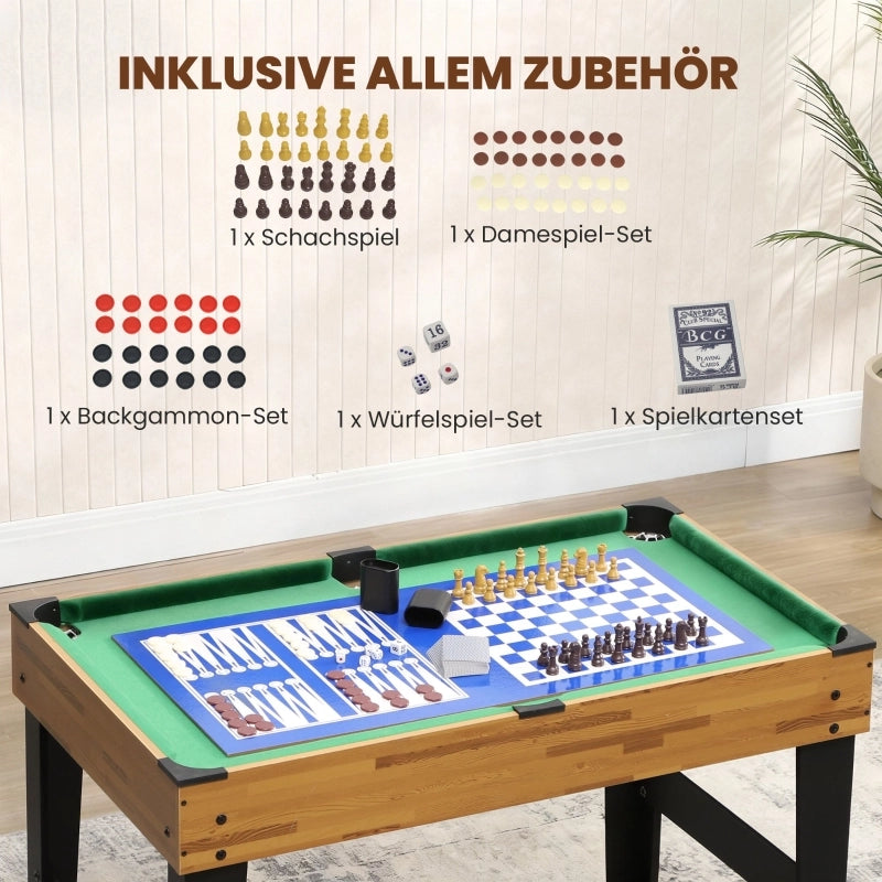 Tavolo da gioco 13 in 1: calcio balilla, scacchi, biliardo, ping-pong e altro ancora. Materiali: MDF, plastica, noce.