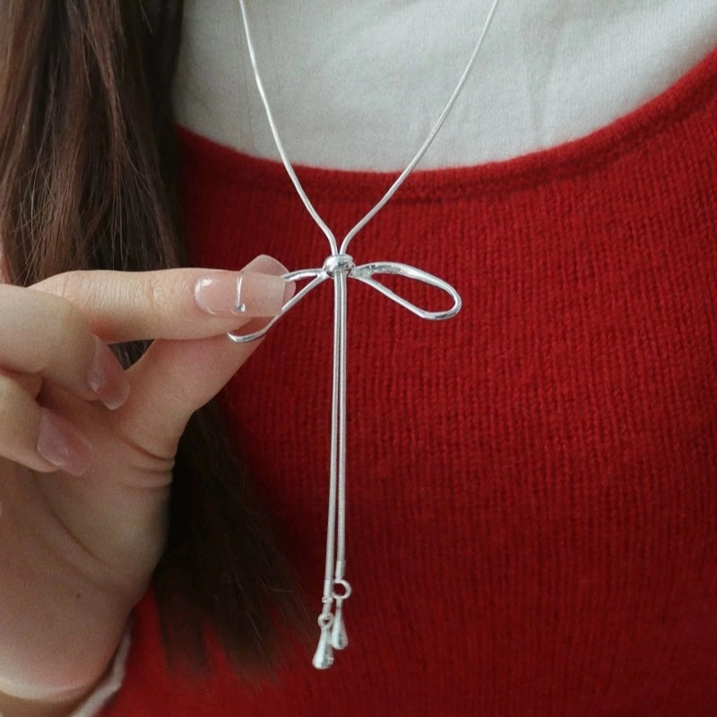 Collana estraibile con fiocco in argento per donna, stile Instagram, catena a osso di serpente, catena per maglione