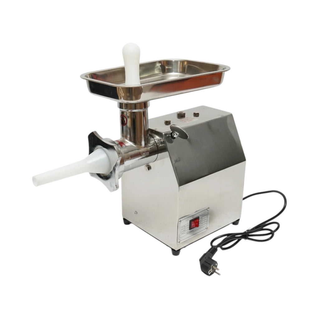 Tritacarne elettrico in acciaio inox 850W, 220V, capacità 150 kg/h, adattatore per salsicce, 2 setacci e 2 coltelli inclusi 380x210x415mm