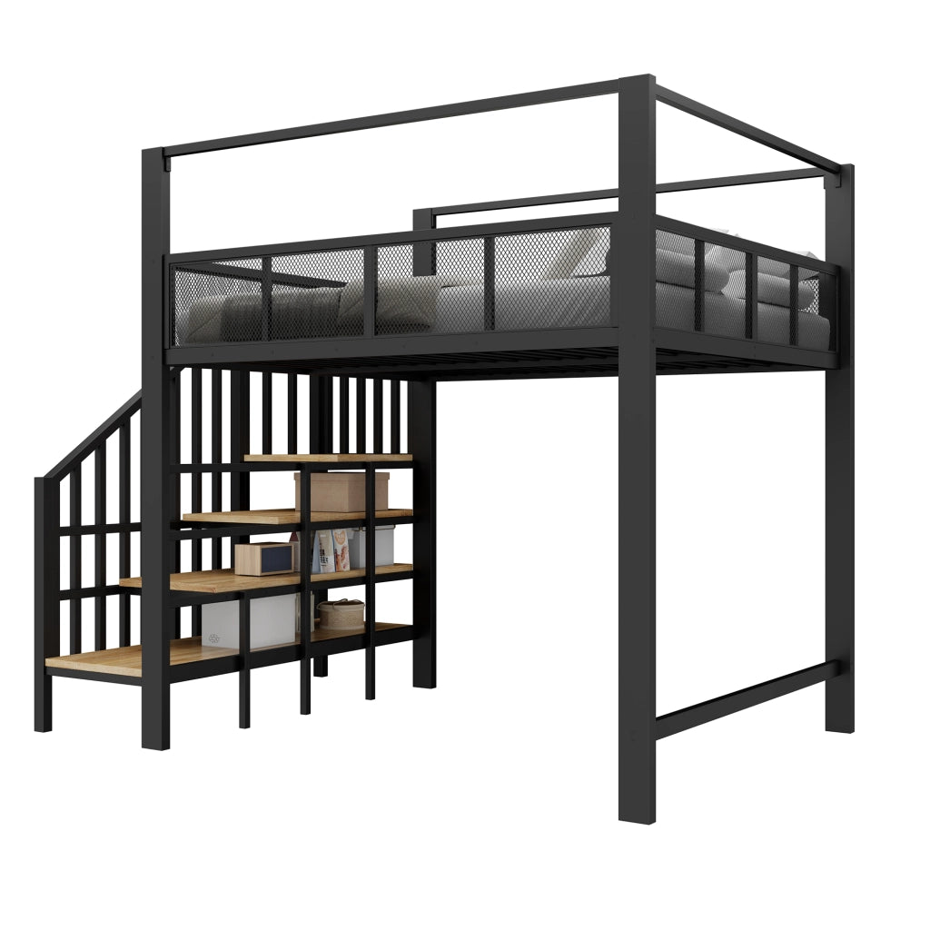 Letto a soppalco alto in metallo 140x200 cm con scala contenitore, baldacchino e rete di sicurezza, nero