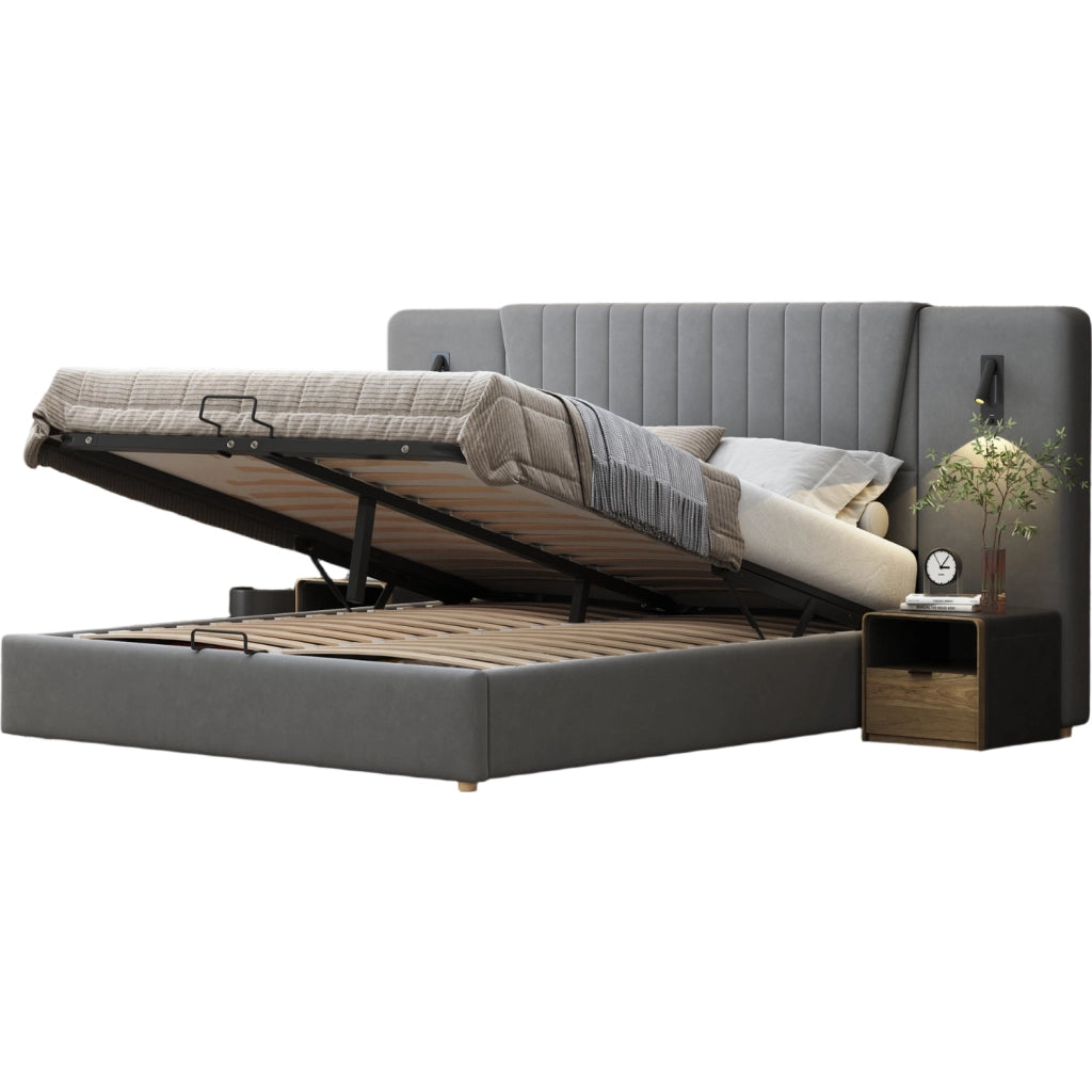 Letto imbottito 180x200 cm con testiera extra lunga; lampade da lettura e contenitore in velluto grigio