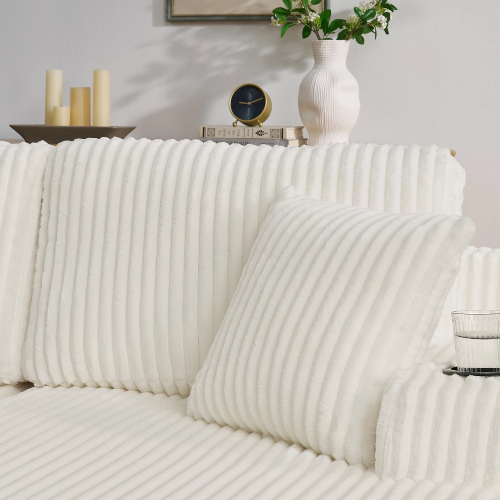Divano letto 2 posti - con tasca laterale e portabevande - in tessuto a coste beige