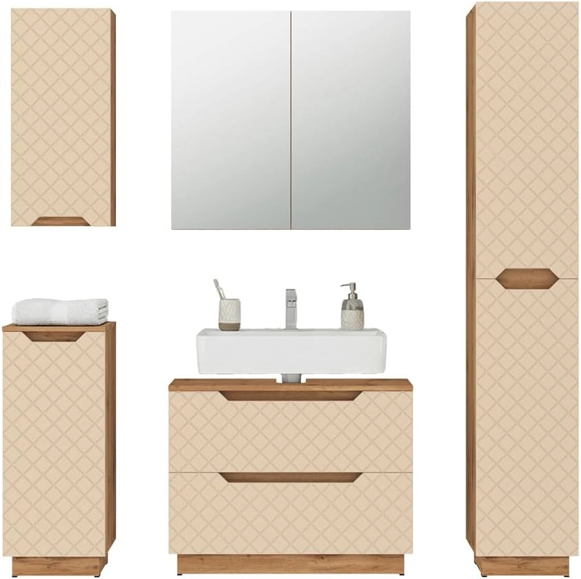Set di mobili da bagno Lotta, Rovere/cashmere con struttura in piastrelle, 5 parti