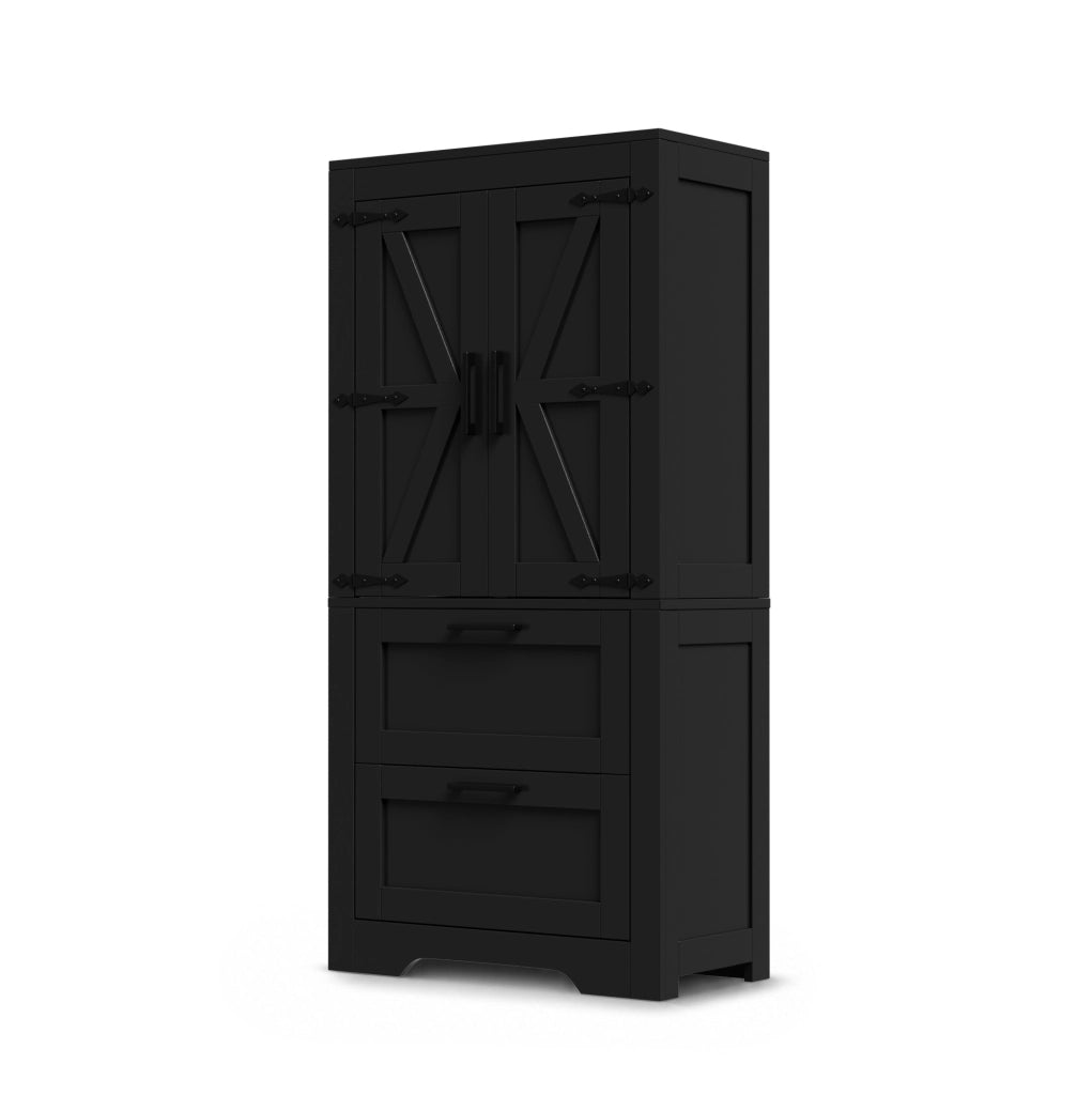 Credenza alta stile country con 2 cassetti e ripiani regolabili; nero; 60x30x128 cm in MDF e truciolare