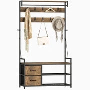 Appendiabiti con Panca Scarpiera Doppia, 10 Ganci Regolabili, e 2 Cassetti, 100x40x180 cm, Marrone Rustico